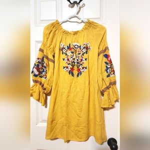 Ladies Cute Boho Dress - Yellow w colorful flower stitching sz S
